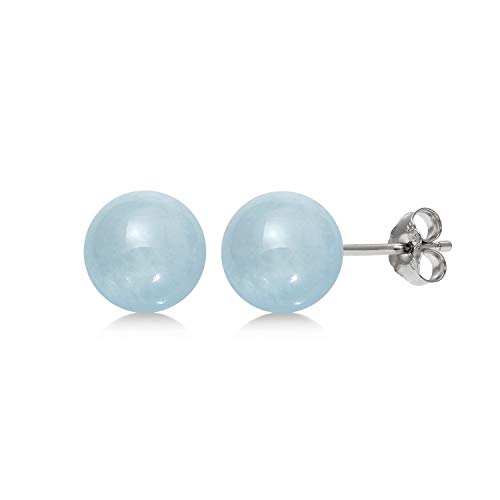Belacqua Round Natural Blue Milky Aquamarine Gemstone Stud Earrings in Sterling Silver Size - 6mm Push Back - Clasp Jewelry for Women Gift Box Included