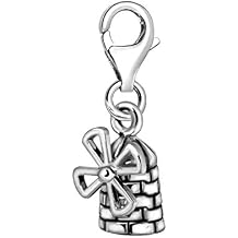 Quiges 3D Dutch Windmill Clip On Charm Pendant Silver Plated Womens Jewellery