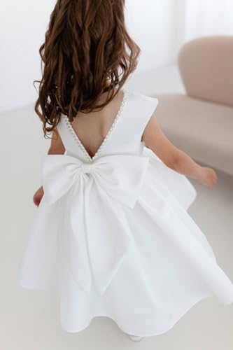 MCieloLuna V-Back Pearls Satin Flower Girl Dress Summer Mini Pageant Princess Wedding Guest First Communion Dress with Bow4