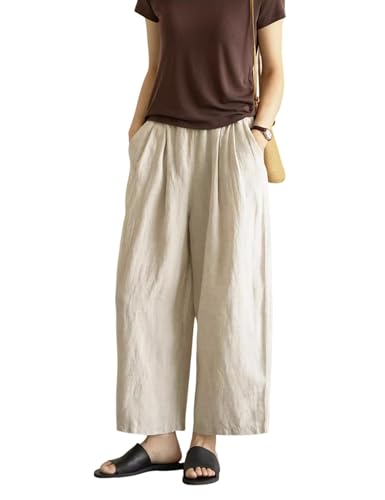 Yeokou Womens Linen Pants Summer Casual Capris Cropped Wide Leg Beach Trousers with Pockets(Beige-S)