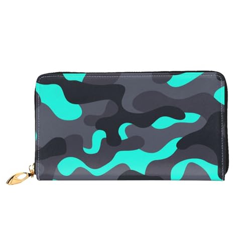 Leather Wallet For Women And Men Camouflage Black Teal Clutch Purse Wristlet Bag Credit Card Holder Wallet