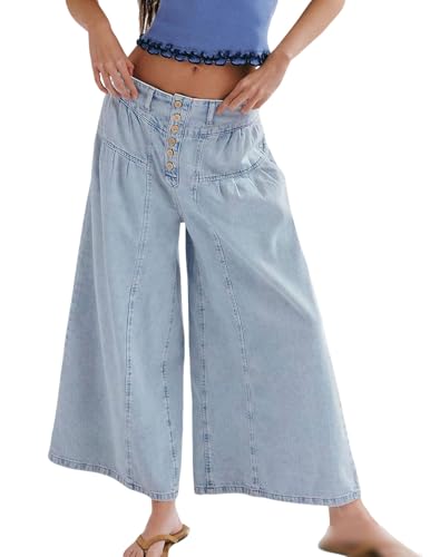 loveimgs Women Mid Rise Pleated Denim Palazzo Pants Cargo Wide Leg Baggy Jeans Ruffle Flare Harem Pants Y2k Elastic Waist