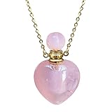 Ladywowu Real Rose Quartz Perfume Bottle Necklace, Rose Quartz Heart Stone Vial Necklace for Essential Oil