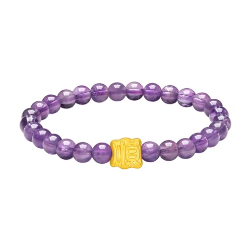 24K Gold Bracelets Amethyst Beaded Blessing Charm Bracelet Natural Gemstone Stretch Bracelet Purple Crystal Jewelry for Women Mom Lover Birthday Aniversary 6.7inch/17cm A1914592