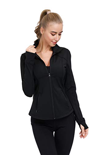Dolcevida Women\'s Slim Fit Workout Track Jackets Full Zip Stretchy Warm up Active Running Jacket with Thumb Holes (Deep Black, L)