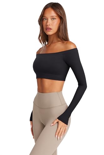 LASLULU Womens Off The Shoulder Tops Seamless Long Sleeve Workout Crop Top Sexy Gym Yoga Going Out Tops Shirts2