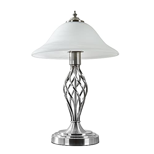 MiniSun | Traditional Style Satin Nickel Barley Twist Table Lamp with a Frosted Alabaster Shade - Complete with a 6w LED Bulb [3000K Warm White] | Table Lamps & Home Essential | Mains Wired