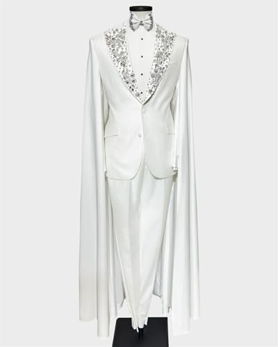 2 Piece Suit for Men White Tuxedo Luxury Handmade Rhinestone Slim Fit Prom Graduation Party Jacket Pants with Cape2