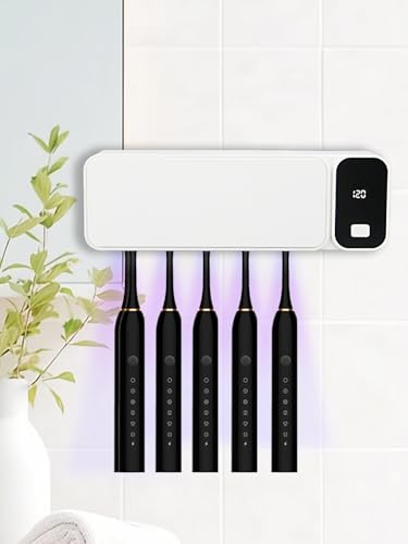 OVAS HOO Toothbrush Holders for Bathrooms White Tooth Brush Holder Electric Toothbrush Holder Timing and 5 Toothbrush Slots Removable Toothbrush Holder Wall Mounted 1200mAh