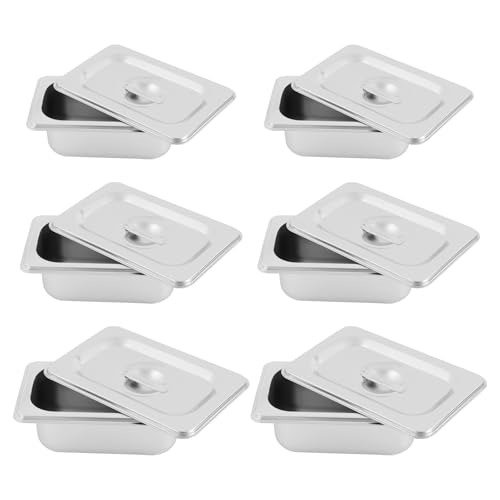 6 Pcs Steam Hotel Pans Set with Lid, 1/9 Size Stainless Steel Trays Steam Table Pan Restaurant Supplies Reusable Catering Storage for Party, Banquet, Catering - Commercial & Home Use (17.5x11x6.5cm)
