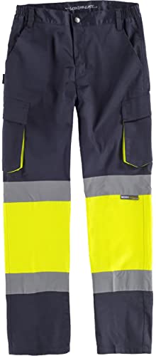 Work Team Pantalón Slim Fit de Alta Visibilidad y Cintas Reflectantes, Tejido Elástico. EN ISO 20471. Clase 1. Unisex Marino+Amarillo A.V. S