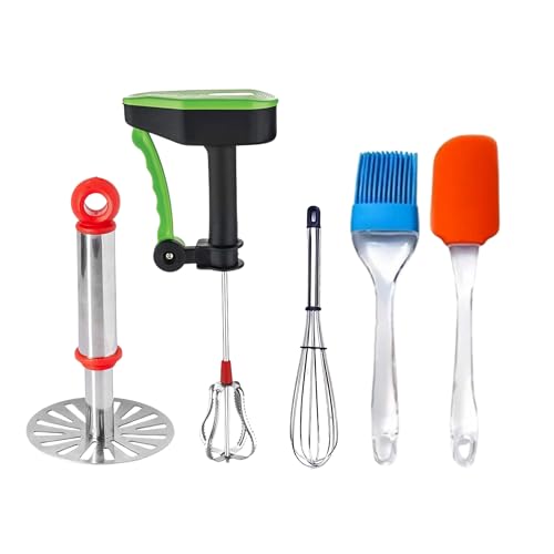 Kitchenetic 5-in-1 Kitchen Tool Combo | Hand Blender, Stainless Steel Whisk, Heavy Potato Masher, Silicone Spatula & Oil Brush Set | Cooking & Baking Essentials