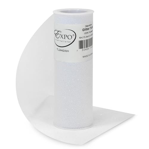 Image of Expo International Decorative Glitter Tulle, Roll /Spool of 6 inch X 10 Yards, Lightweight Polyester Tulle Fabric for Costumes, Wedding, and Party Decorations, Washable, Easy-to-Use, White