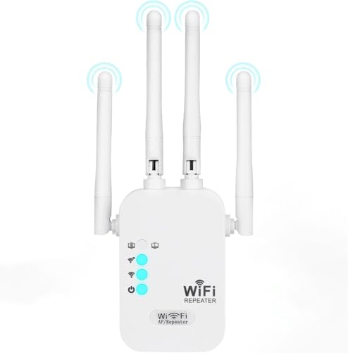 WiFi Repeater, 1200Mbps Amplificador Señal Repetidor Doble Banda 2.4G/5G con 4 Antenas, Wifi Amplifier Extensor con 3 Modos(Repetidor/Router/Ap), Puerto Ethernet, Compatible con Todos los Routers WiFi