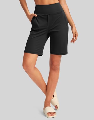 SANTINY Women's 9" High Waisted Bermuda Shorts with 4 Pockets Knee Length Long Shorts for Women Workout Athletic Casual3