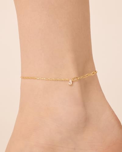 Image of PAVOI 14K Gold Plated Anklet for Women - Trendy Link Chain Ankle Bracelet Summer Jewelry - Boho Dainty Anklets with Cubic Zirconia, Beaded, Evil Eye, Star, Station, Pearls Adjustable Gold Jewelry