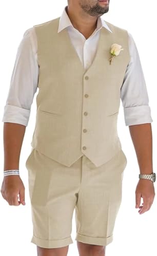 Men's Linen 2 Piece Suit Slim Fit Beach Wedding Groom Best Man Casual Vest Shorts Set4