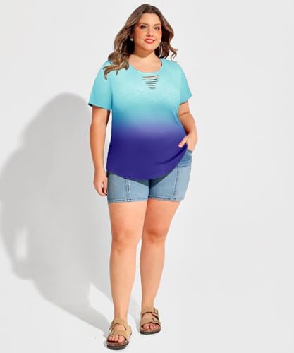 Image of CARCOS Plus Size Tops for Women Short Sleeve Shirts Basic Tee Solid Color Blouse V Neck Tunic Loose Fit Tshirts Summer XL-5XL