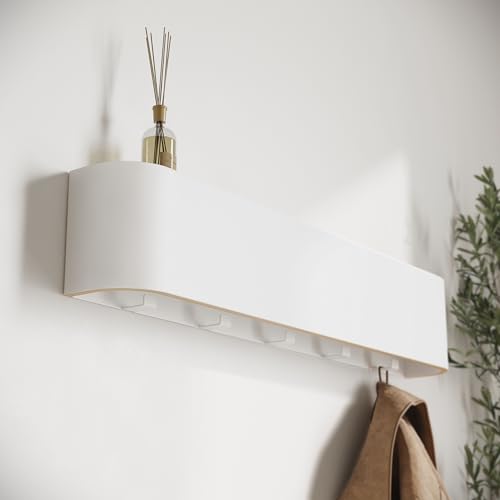 Kazai. Wall-Mounted Coat Rack 'Toke' | Modern Design Coat Rack with Hidden Wall Hooks | Solid Wood Veneer Panel Coat Hanger | White