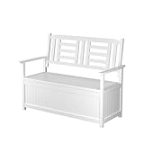 FANTASK Truhenbank Holz, 123 x 68,5 x 96 cm, 2-Sitzer Gartenbank mit integrierter Kissenbox, wetterfeste Sitzbank, Balkonbank für Garten, Balkon, Terrasse (Weiß)