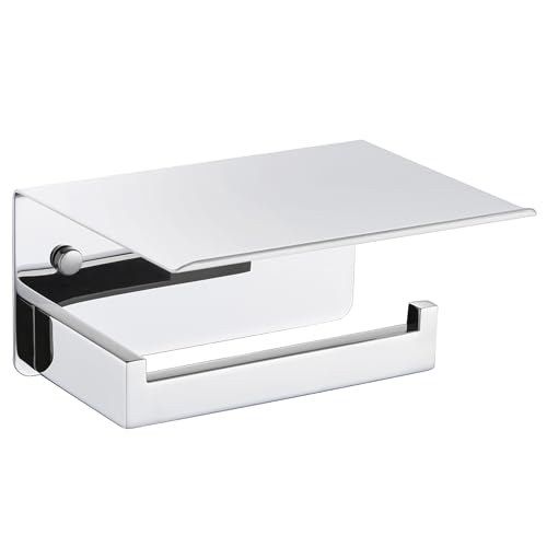 Image of Angle Simple Toilet Paper Holder with Shelf, Polished Chrome | SUS304 Stainless Steel Toilet Tissue Roll Holder, Fit Most Rolls, Extra Shelf for Storing Phones Wet Wipes, Screw Wall Mount