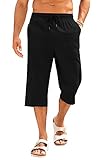 PASLTER Men's Linen Capri Pants Casual Lightweight 3/4 Pants Elastic Waist Drawstring Beach Yoga Shorts with Pockets Black