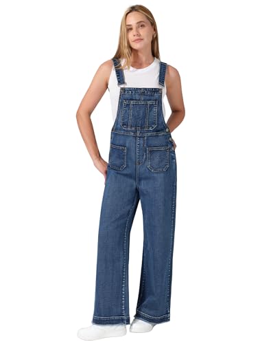 roswear Women’s Denim Overalls Loose Fit Stretchy Baggy Overall Bib Wide Leg Casual Jean Jumpsuits Washed Denim Blue Medium