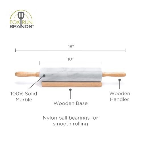 Fox Run Polished Marble Rolling Pin with Wooden Cradle, 10-Inch Barrel, White