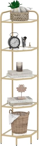 Hzuaneri Corner Shelf Stand, 5-Tier Glass Bookshelf Bookcase, Bathroom Organizer, Plant Stand, Steel Frame, Tempered Glass, Modern Style for Living Room, Bathroom, Kitchen, Golden CS90200G