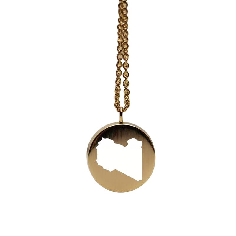 Pendentif carte de la Libye en argent sterling plaqué or 14 carats, forme ronde de 24 mm et épaisseur de 1,5 mm, breloque Terre, bijou de voyage délicat | Médaillon gravé Aventure | LKB_MAP_407
