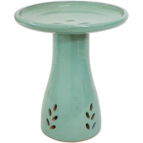 Sunnydaze 21' H Ceramic Bird Bath for Outside - Hand-Painted Outdoor Bird Bath Bowl, UV/Frost-Resistant Finish - Seafoam - Cut Out Pedestal