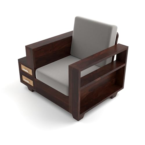 Image of KINGS HOME FURNITURE Sheesham Wood 5 Seater Sofa Set with 2 Drawer Storage | 3+1+1 Wooden Sofa Set Furniture for Living Room Home Office (Natural Cane,Walnut Finish)