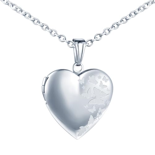 MICMIF Collier Personnalisé Médaillon de Cœur, Acier inoxydable Pendentif Porte Photo Médaillon Papillons pour 2 Photo Pendentif avec Chaîne 50cm Bijoux...
