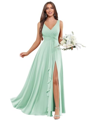 Image of BOLENSYE Bridesmaid Dresses Long Ruched Ruffles Chiffon A Line Evening Party Gown with Pockets Slit