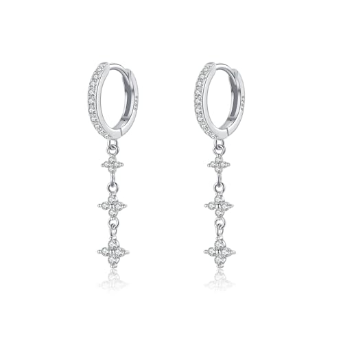 Reffeer Solid 925 Sterling Silver CZ Star Chain Dangle Earrings for Women Teen Girls Chain Drop Hoop Earrings