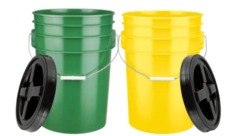 House Naturals 6 Gallon Green and Yellow Plastic Bucket with lid Food Grade Made in USA ( 2 Pack)
