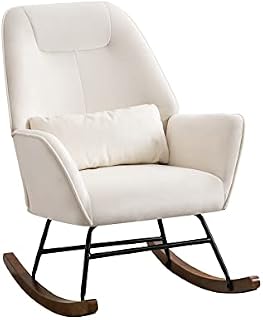 HomeMiYN Velvet Nursery Rocking Chair, Upholstered Reading Wingback Accent Chair for Baby Nursery chairs with Solid Wood Legs and Waist Pillow for Living Room Balcony Reading Bedroom (Beige)