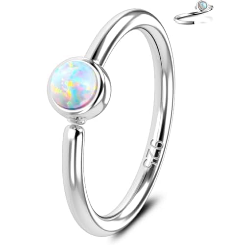 OUFER 925 Sterling Silver Nose Rings Hoops, White Opal Nose Rings, Seamless Continuous Open Nose Hoops, Nose Piercing Jewelry for Women Men White Gem