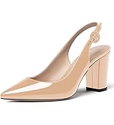 WAYDERNS Women's Thick Patent Solid Pointed Toe Slingback Buckle Ankle Strap Block High Heel Pump...