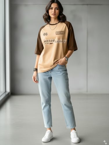 Image of LEOTUDE Oversized Half Sleeve Cottonblend Tshirt for Women, Round Neck Longline Printed Colour Blocked Baggie T-Shirt (Color: Beige)