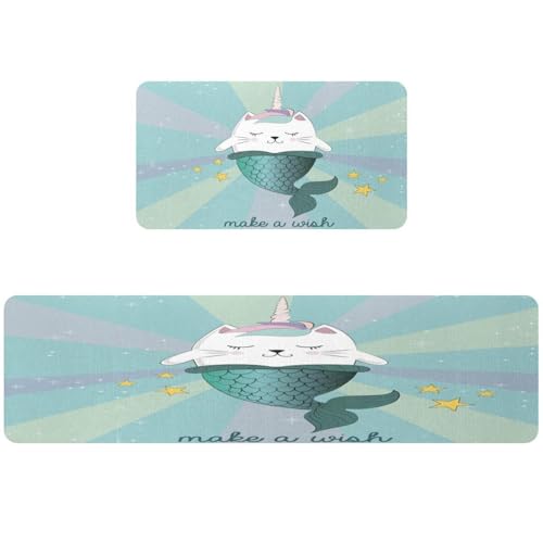 Alfombrillas de cocina de unicornio y gato juego de 2 tapetes antideslizantes 2