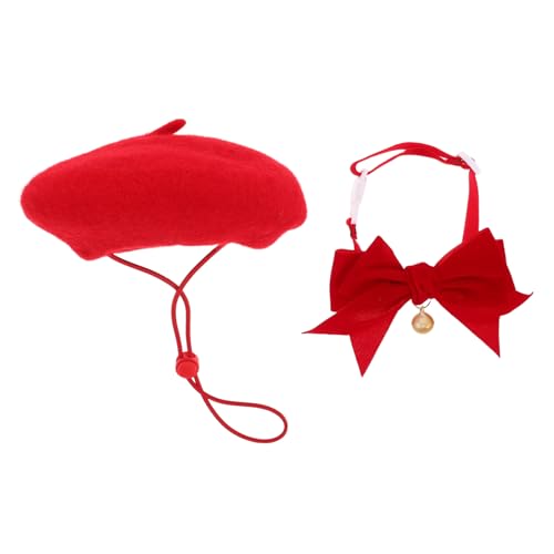 TOBBOMEY ペット用可能ウールベレー帽と鈴付き蝶ネク首輪 小型犬 猫向け 快適で耐久性のあるおしゃれな装飾アクセサリー 誕生日やホリデー