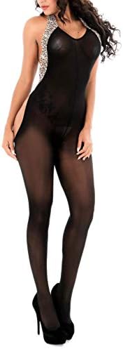 Moonasy Women's Sexy Leopard Hanging Neck Stretch Bodystockings Crotchless Lingerie Bodysuit Black