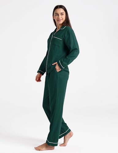 Image of Womens Muslin Pajama Set 100% Cotton Double Gauze Linen Like | Breathable Soft Comfort Button Up Loungewear Sleepwear PJ Set