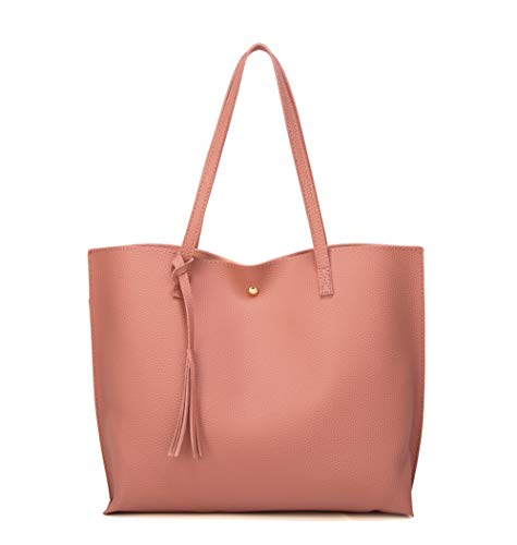 Dreubea Women's Soft Faux Leather Tote Shoulder Bag from, Big Capacity Tassel Handbag Old Rose