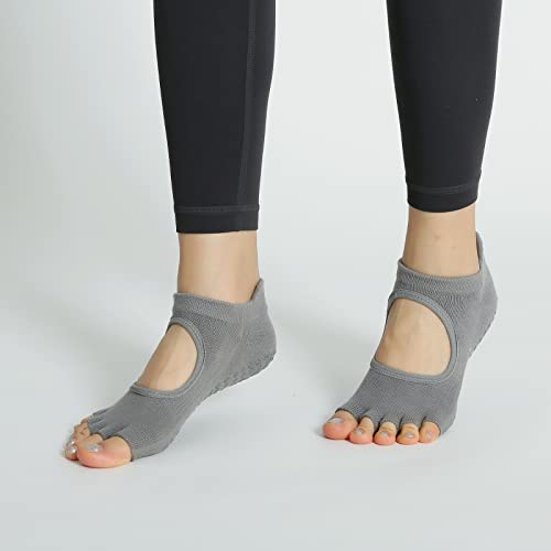 Image of Yoga Pilates Toe Socks Toeless Socks with Grips for Women Non Slip Cushioned Low Cut Ankle Socks for Dance