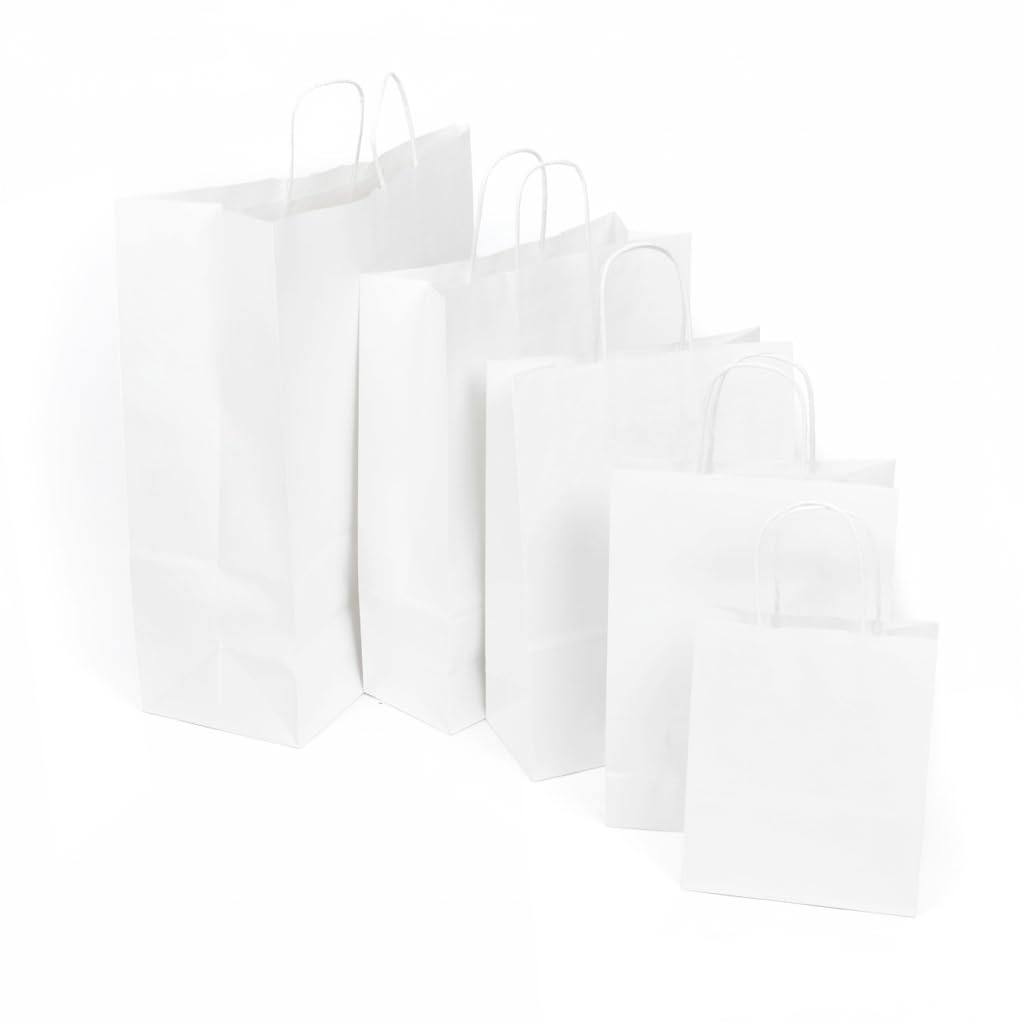 bag it Plastics 300 White Paper Bags with Handles - Large Twist Handle Kraft Carrier Bags 32 x 14 x 42 cm (12.5 x 5.5 x 16.5 inch) - Recyclable Gift, Party & Food Bags