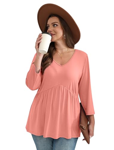 Image of OFEEFAN 3 /4 Length Sleeve Womens Tops 2026 Blouses for Women Dressy Casual Fashion Clothing V Neck Babydoll Tops Fall Outfits