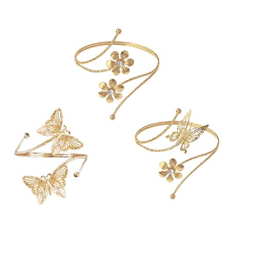 COLORFUL BLING 3PCS Upper Arm Bracelet Gold Silver Chunky Cuff Bracelets Flower Butterfly Armband Set for Women Irregular Minimalist Open Wide Coil Band Bangle Boho Jewelry