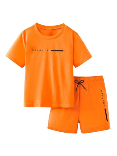 Image of RoseSeek Boy's 2 Piece Outfits Short Sleeve Crew Neck Letter Graphic Tee Shirt and Drawstring Waist Shorts Set